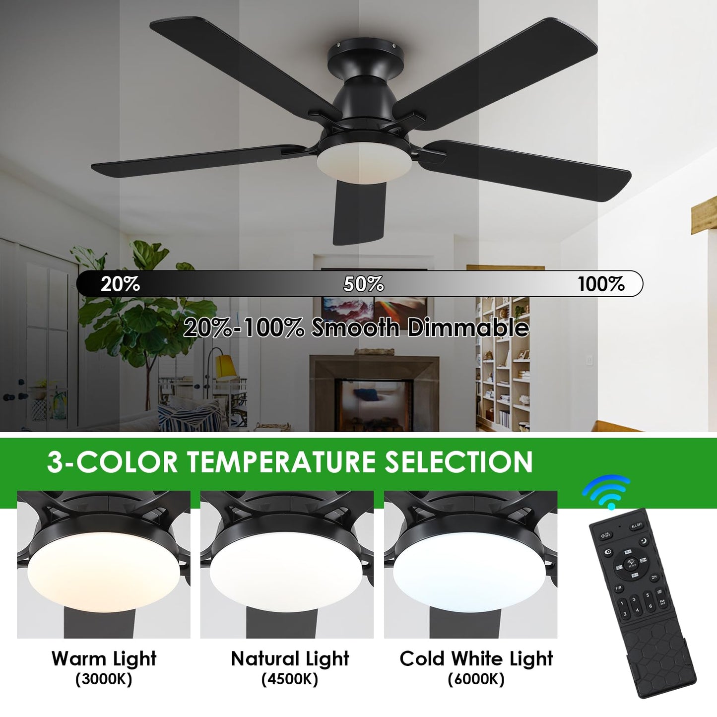 Ceiling Fans with Lights- 46" Low Profile Indoor Ceiling Fan with Light and Remote/APP Control, Flush Mount, LED Dimmable DC Reversible Modern Ceiling Fan for Bedroom（Black）