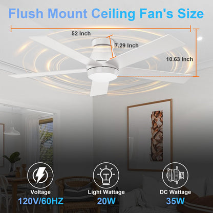 TCL 52" Ceiling Fan with Lights, Black Flush Mount Ceiling Fans with Remote Control, 6 Speeds DC Reversible, Dimmable, Noiseless, Low Profile