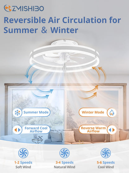 Ceiling Fans with Lights and Remote, 19.7'' Low Profile Ceiling Fan, 3000-6000K Dimmable Modern Flush Mount LED Fan Light, 6 Wind Speeds, Black Fandelier Ceiling Fans for Bedroom