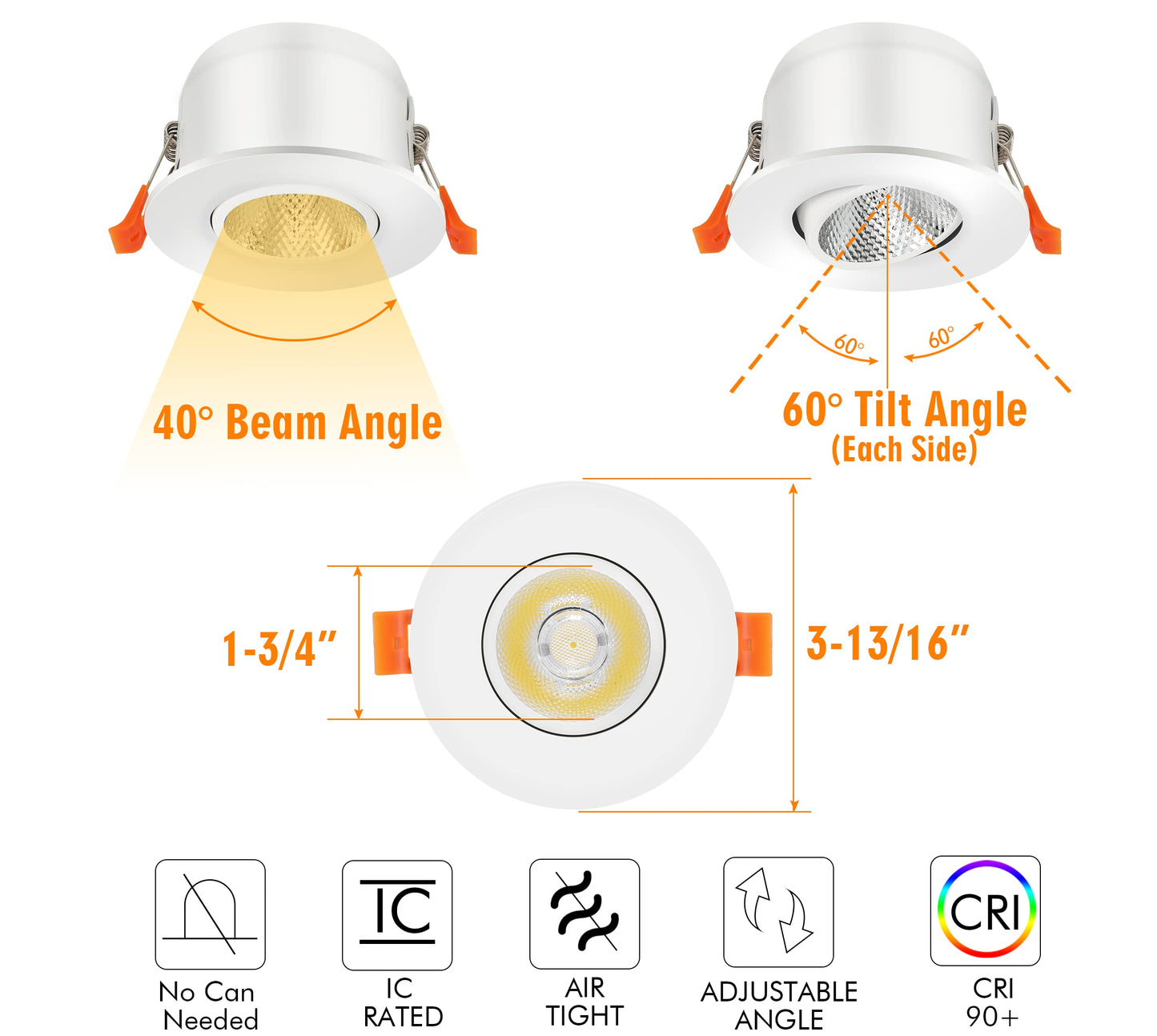 Cloudy Bay Eyeball 5 Color 4 inch Gimbal LED Recessed Light with Junction Box,9.5W CRI90+ 2700K/3000K/3500K/4000K/5000K Selectable,Dimmable Canless Ceiling Spot Light,Damp Location,Black,Pack of 6