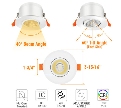 Cloudy Bay Eyeball 5 Color 4 inch Gimbal LED Recessed Light with Junction Box,9.5W CRI90+ 2700K/3000K/3500K/4000K/5000K Selectable,Dimmable Canless Ceiling Spot Light,Damp Location,Black,Pack of 6