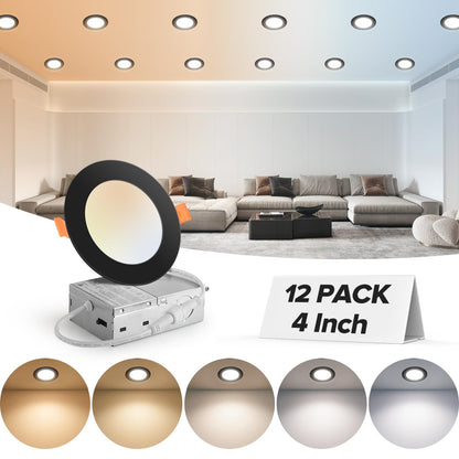 24 Pack 6 Inch 5CCT Ultra-Thin LED Recessed Ceiling Light with Junction Box, 2700K-5000K Selectable, 1050LM High Brightness, 0%-100% Dimmable Canless Wafer Downlight, 12W 120V, ETL