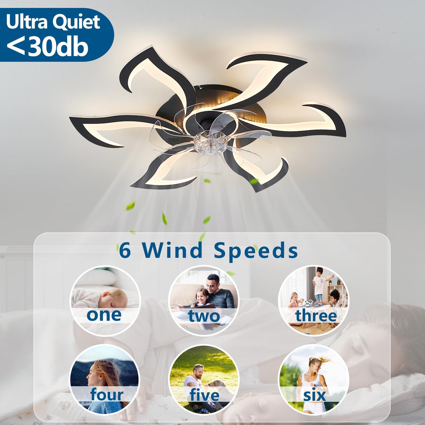 Ceiling Fan with Lights Remote Control, 24" Black, 6 Speeds 3 Light Color Low Profile Flush Mount Ceiling Fan for Kitchen Bedroom