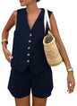 PRETTYGARDEN Women's Summer 2 Piece Outfits Sleeveless Matching Sets Button Down V Neck Vest Waistcoat and Pockets Shorts