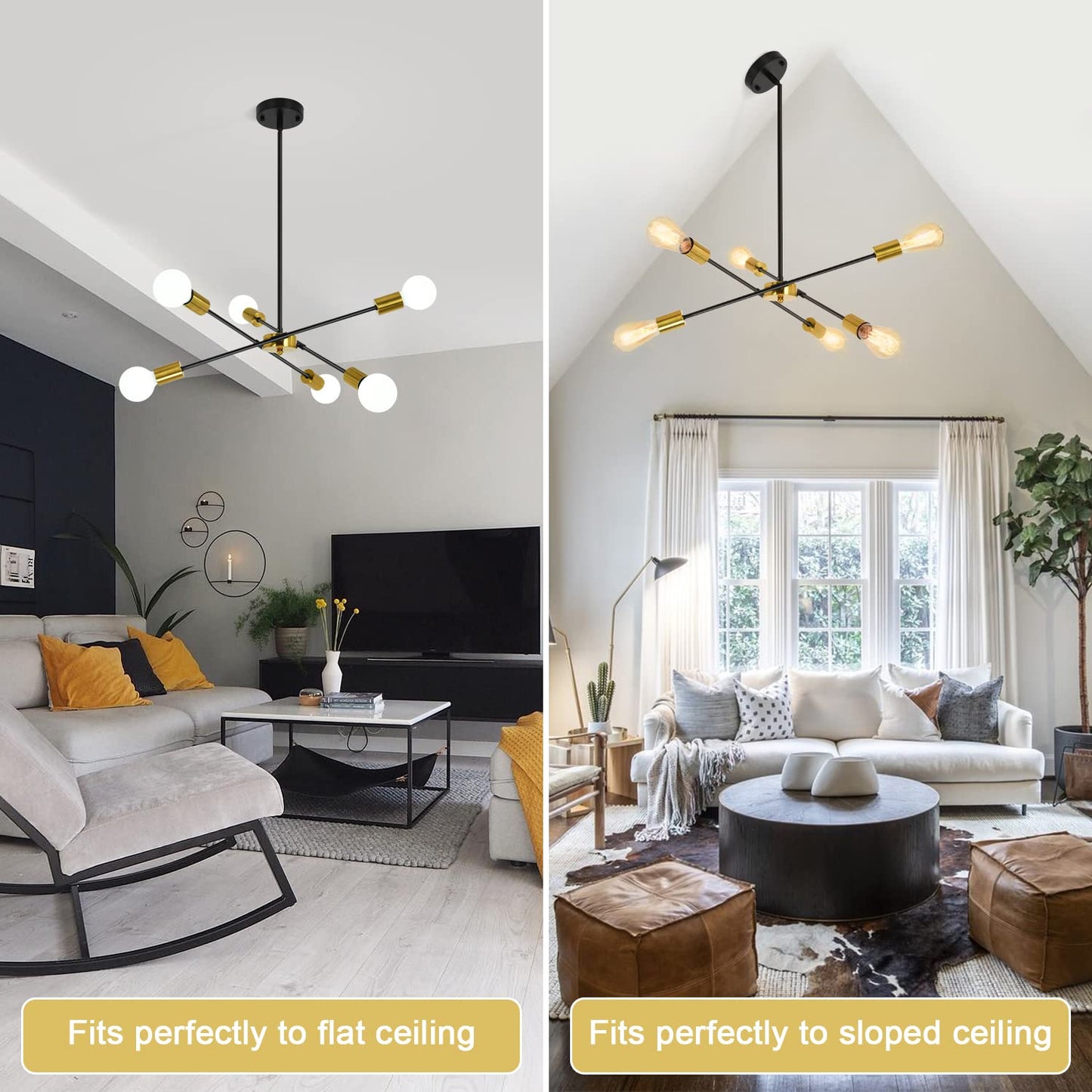 Black Sputnik Chandelier 6 Lights Modern Industrial Ceiling Light Mid Century Vintage Contemporary Pendant Dining Room Lighting Fixtures Hanging
