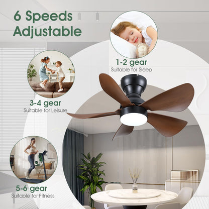 Ceiling Fans with Lights and Remote/APP Control, 30 inch Low Profile Ceiling Fans with 5 Reversible Blades 3 Colors Dimmable 6 Speeds Ceiling Fan for Bedroom Kids Room Dining Room, Black