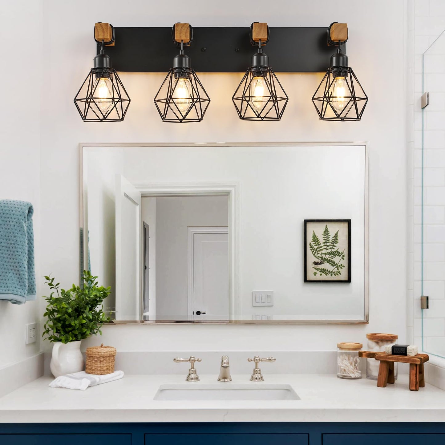 Farmhouse Vanity Light for Bathroom, 3-Light Wood Bathroom Vanity Light Fixtures Over Mirror, Rustic Sconces Wall Lighting with Metal Lampshade for Living Room, Bedroom, Hallway