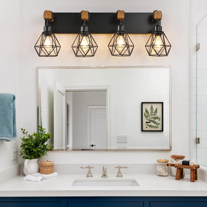 Farmhouse Vanity Light for Bathroom, 3-Light Wood Bathroom Vanity Light Fixtures Over Mirror, Rustic Sconces Wall Lighting with Metal Lampshade for Living Room, Bedroom, Hallway