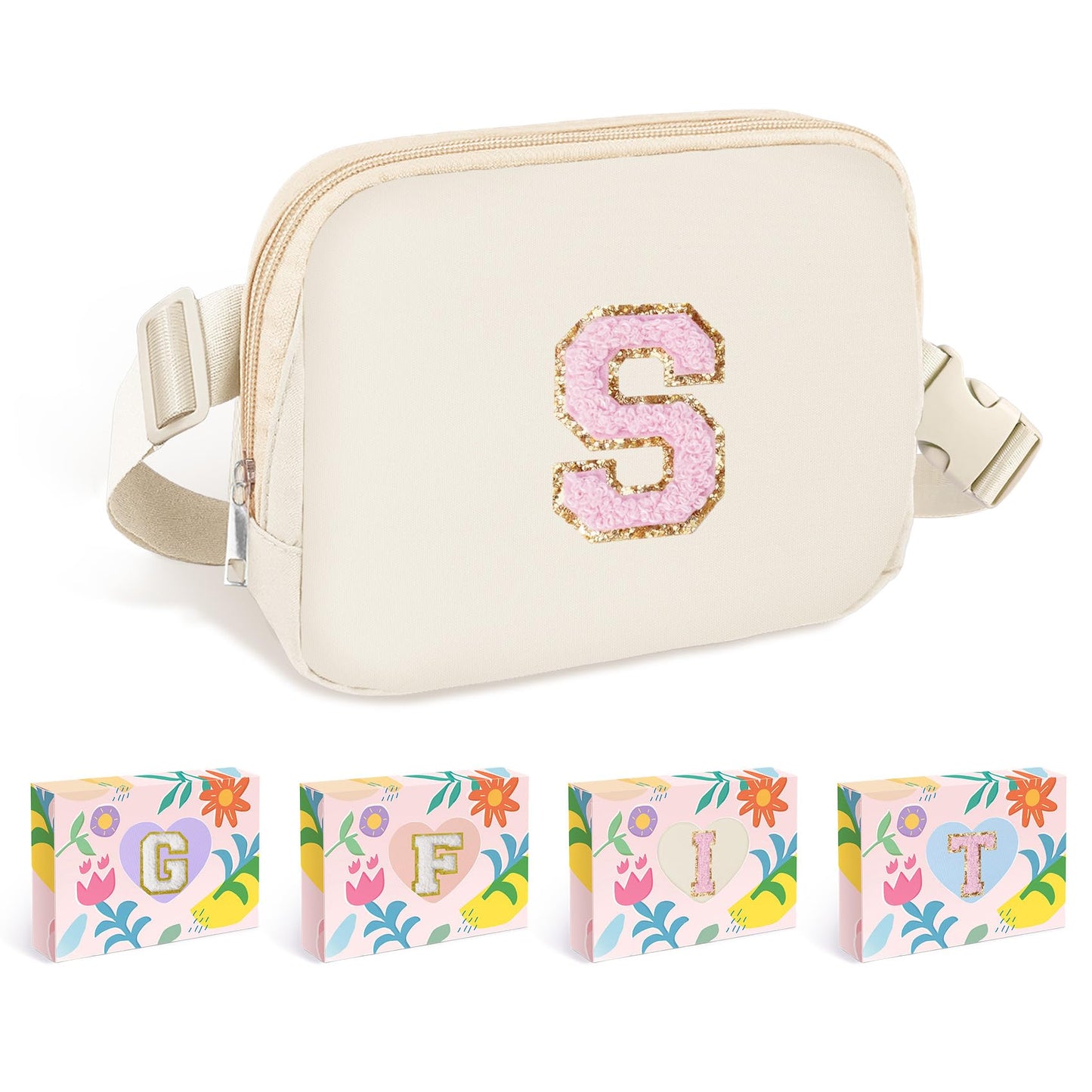 COSHAYSOO Pink Belt Bag Small Waist Fanny Pack Mini Crossbody Purse with Initial Preppy Letter Patch for Teen Girl Women Workout, Cross Body Chest Pouch Trending Birthday Gift Idea (S)