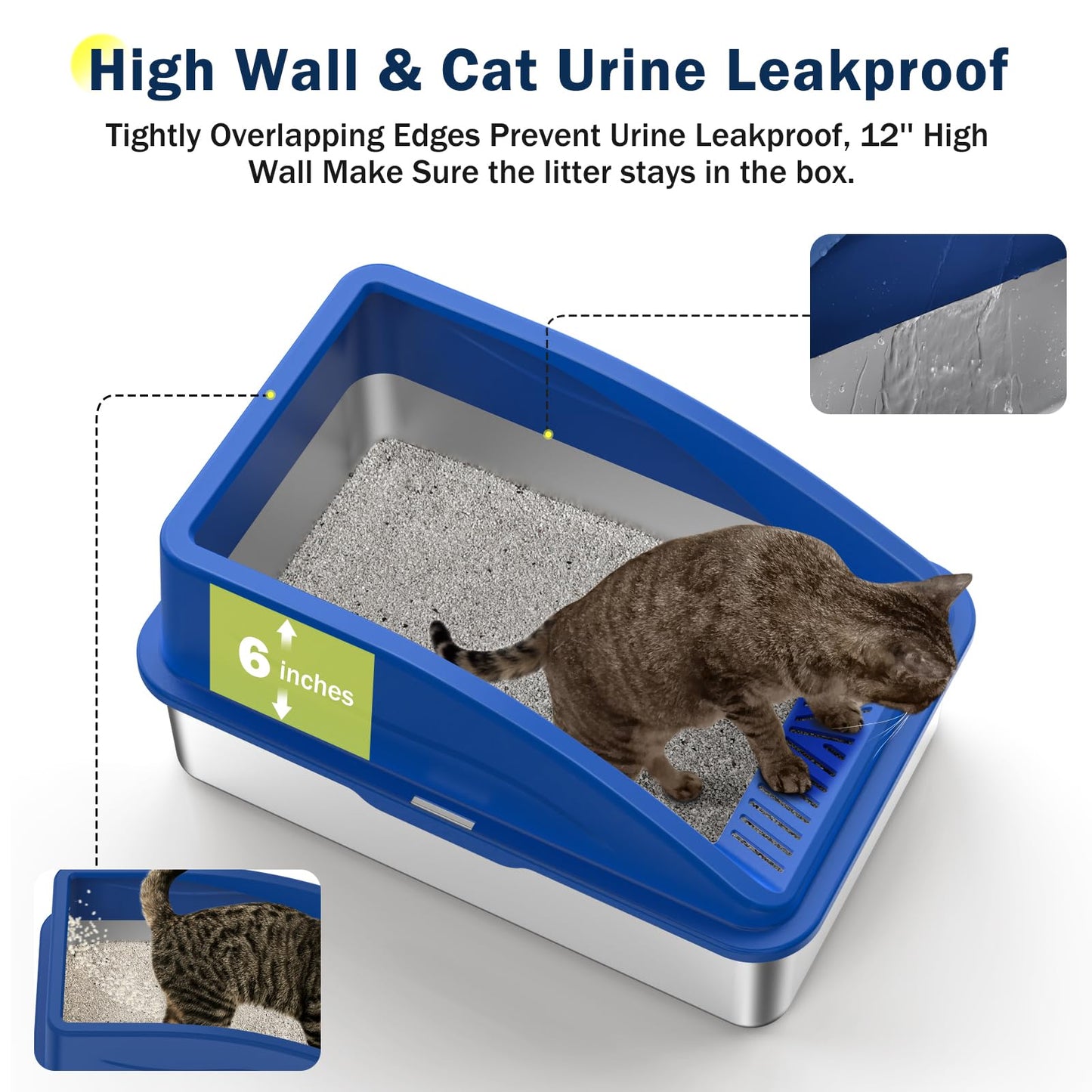 Stainless Steel Cat Litter Box, Extra Large Litter Boxes for Big Cats, Anti-Urine Leakage XL Litter Box with High Sides, Xlarge Metal Litter Box with Lid, Easy Clean, Non-Sticky, Cat Mat & Metal Scoop