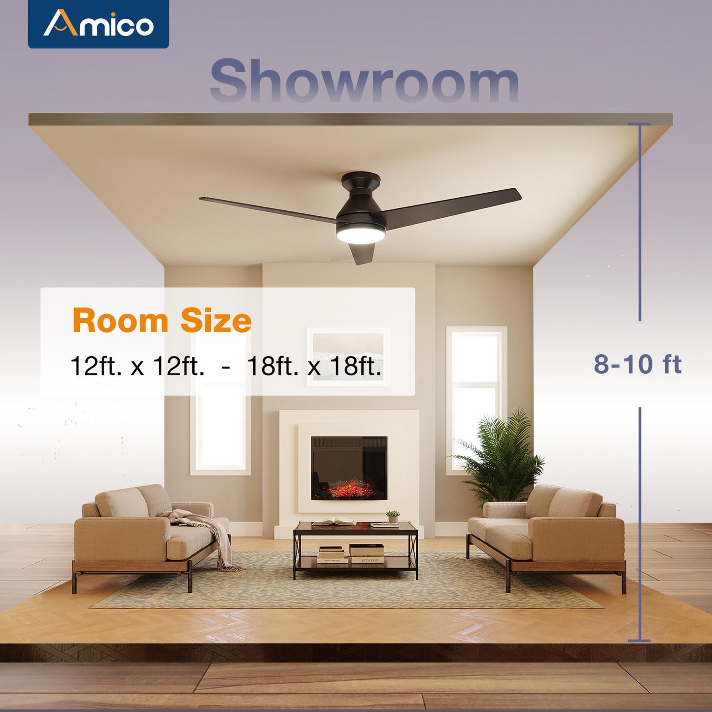 Amico Ceiling Fans with Lights, 42 inch Low Profile Ceiling Fan with Light and Remote Control, Flush Mount, Reversible, 3CCT, Dimmable, Noiseless, White Ceiling Fan for Bedroom, Indoor/Outdoor Use