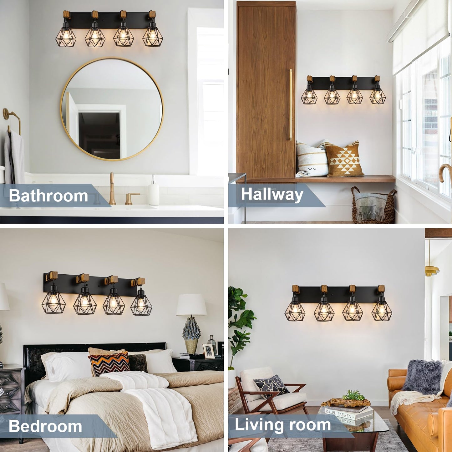 Farmhouse Vanity Light for Bathroom, 3-Light Wood Bathroom Vanity Light Fixtures Over Mirror, Rustic Sconces Wall Lighting with Metal Lampshade for Living Room, Bedroom, Hallway