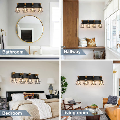 Farmhouse Vanity Light for Bathroom, 3-Light Wood Bathroom Vanity Light Fixtures Over Mirror, Rustic Sconces Wall Lighting with Metal Lampshade for Living Room, Bedroom, Hallway