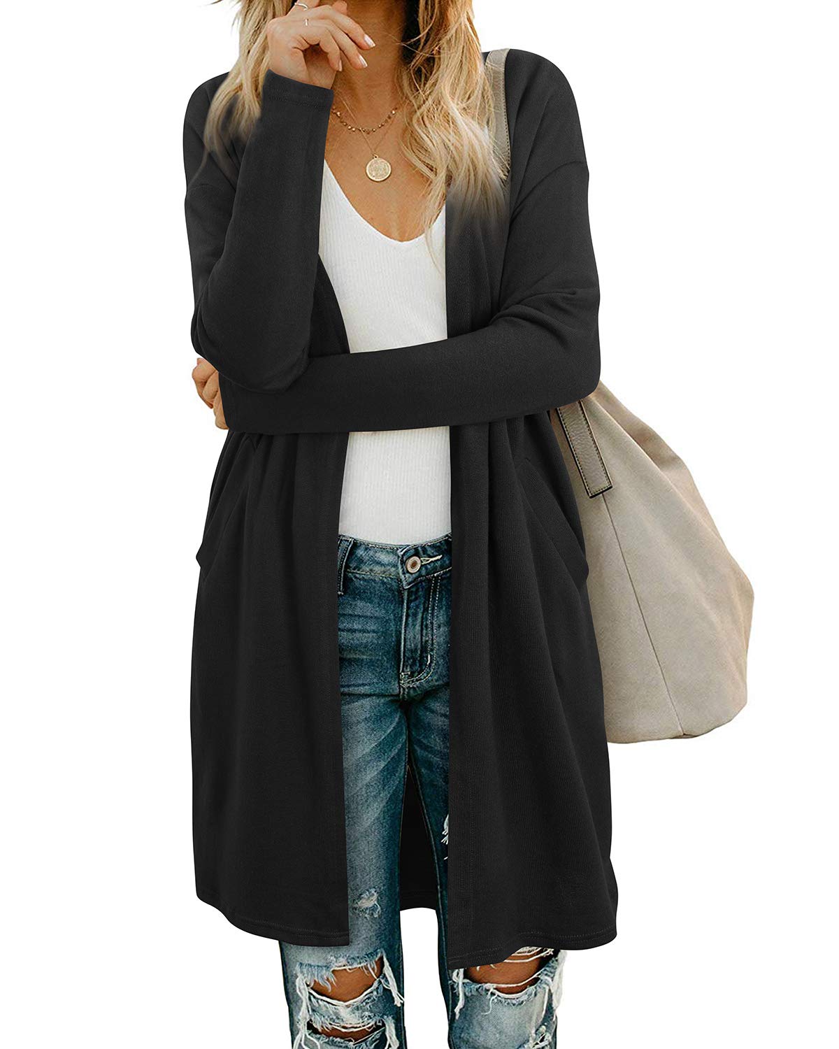OUGES Women's Open Front Cardigan Shirt with Pockets Long Sleeve Lightweight Coat