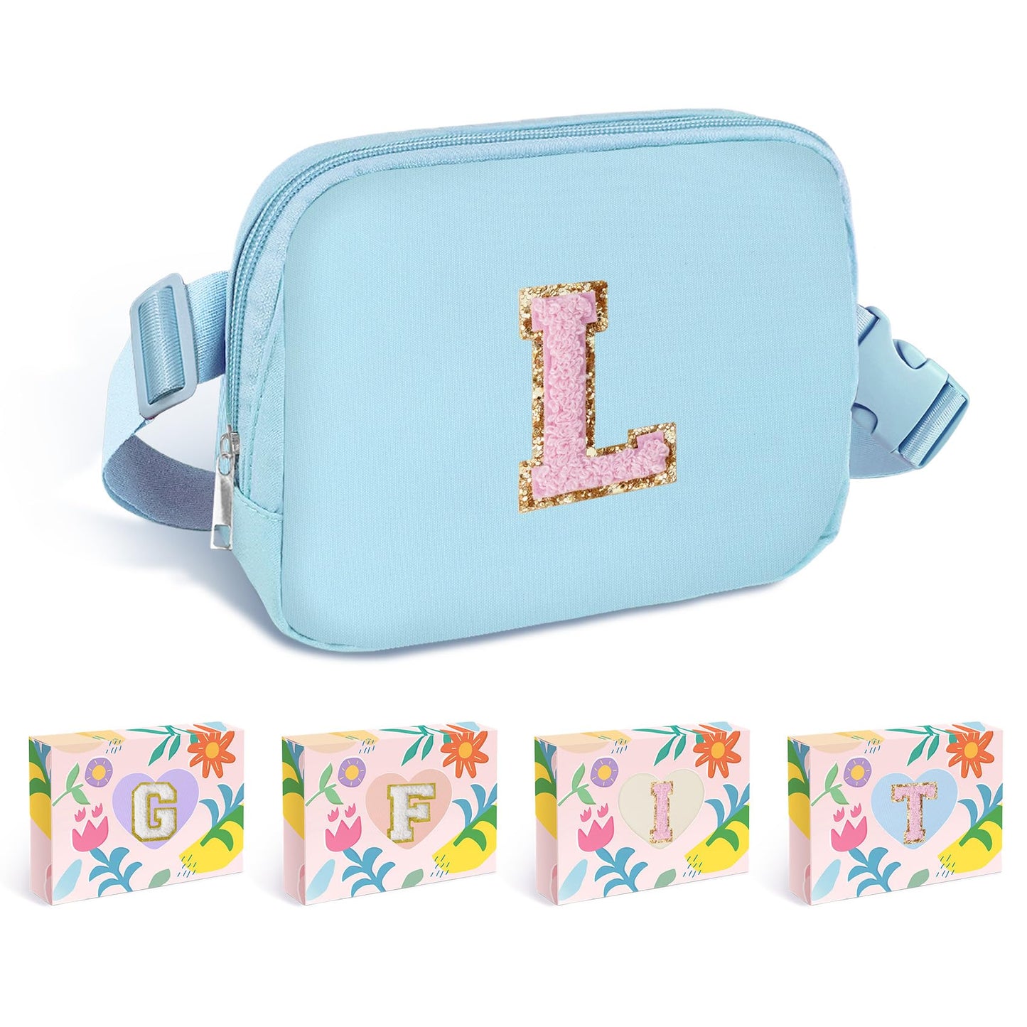 COSHAYSOO Pink Belt Bag Small Waist Fanny Pack Mini Crossbody Purse with Initial Preppy Letter Patch for Teen Girl Women Workout, Cross Body Chest Pouch Trending Birthday Gift Idea (S)