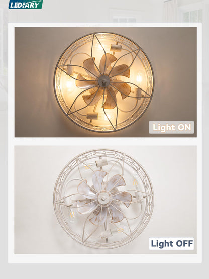 LEDIARY Caged Ceiling Fans with Lights, White Flush Mount Ceiling Fan with Remote, Small Low Profile Bladeless Ceiling Fan Light Fixture for Bedroom, Kitchen, Dining Room-White Gold Color