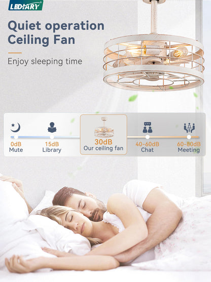 LEDIARY 16.5 inch Black Caged Ceiling Fan with Light, Fandelier Industrial Ceiling Fan with Remote, Farmhouse Fan Lights Ceiling Fixtures for Kitchen, Bedroom, Outdoor（6 Speed, Timing）-Black