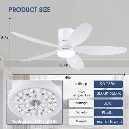 Ceiling Fans with Lights-36 Low Profile Ceiling Fan with Light and Remote/APP Control,Flush Mount,DC Reversible,LED Dimmable Blakc Ceiling Fans for Bedroom,Indoor/Outdoor Patio Use