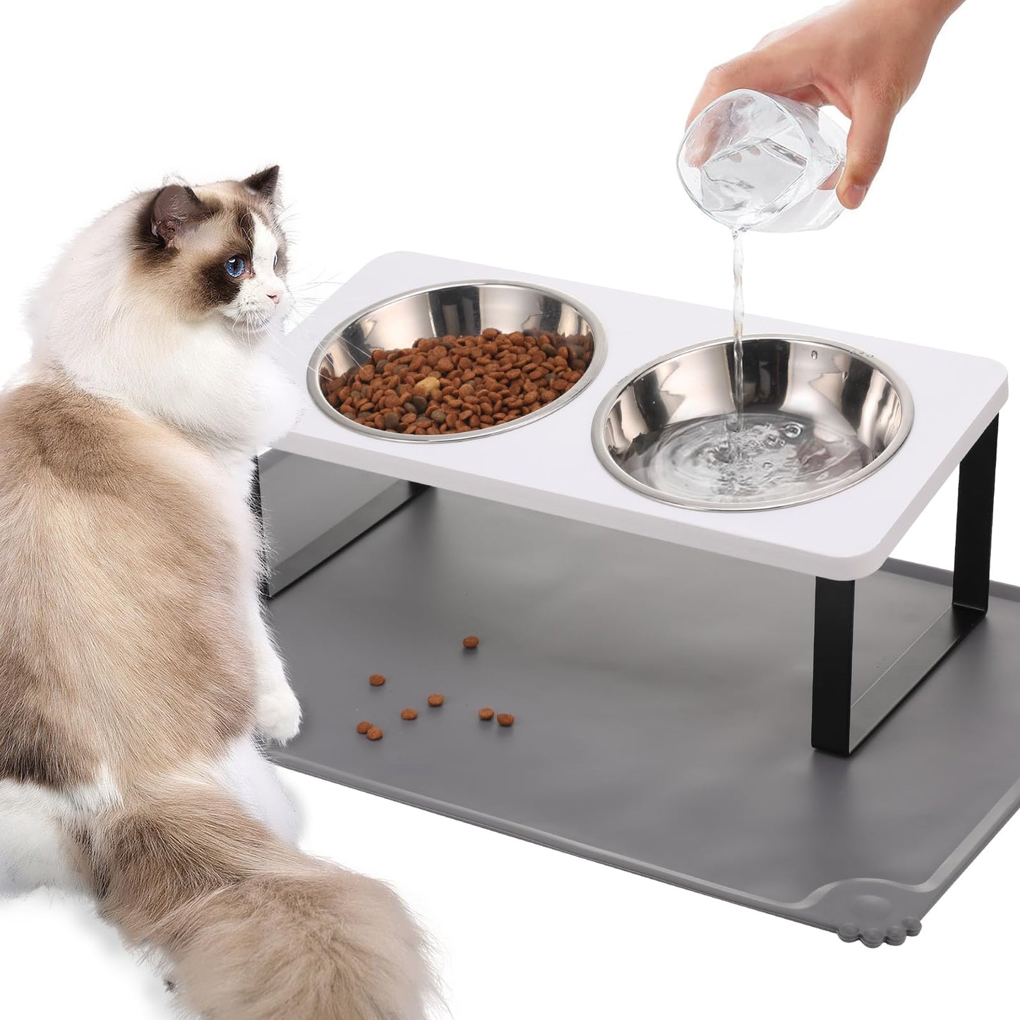 Upgraded Elevated Cat Bowls with Food Mat,15°Tilted Stand Anti Vomiting Raised Cat Dishes for Food and Water,2 Stainless Steel Bowls for Cats and Puppy