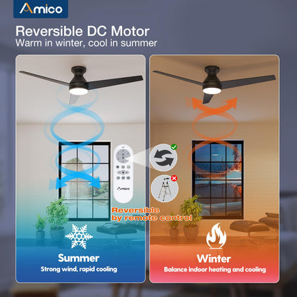Amico Ceiling Fans with Lights, 42 inch Low Profile Ceiling Fan with Light and Remote Control, Flush Mount, Reversible, 3CCT, Dimmable, Noiseless, White Ceiling Fan for Bedroom, Indoor/Outdoor Use