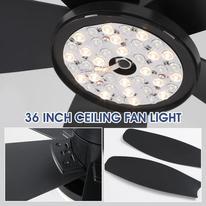 Ceiling Fans with Lights-36 Low Profile Ceiling Fan with Light and Remote/APP Control,Flush Mount,DC Reversible,LED Dimmable Blakc Ceiling Fans for Bedroom,Indoor/Outdoor Patio Use