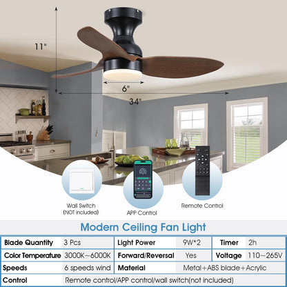 Ceiling Fans with Lights-36 Low Profile Ceiling Fan with Light and Remote/APP Control,Flush Mount,DC Reversible,LED Dimmable Blakc Ceiling Fans for Bedroom,Indoor/Outdoor Patio Use