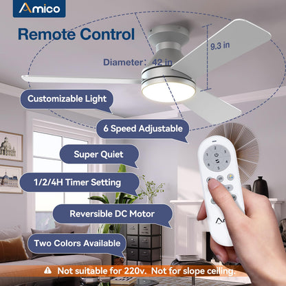 Amico Ceiling Fans with Lights, 42 inch Low Profile Ceiling Fan with Light and Remote Control, Flush Mount, Reversible, 3CCT, Dimmable, Noiseless, White Ceiling Fan for Bedroom, Indoor/Outdoor Use