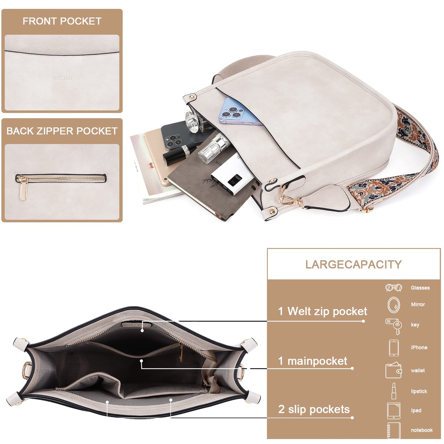 HKCLUF Crossbody Bags for Women Trendy Vegan Leather Hobo Handbags With 2PCS Adjustable Guitar Strap Shoulder Bucket Bags