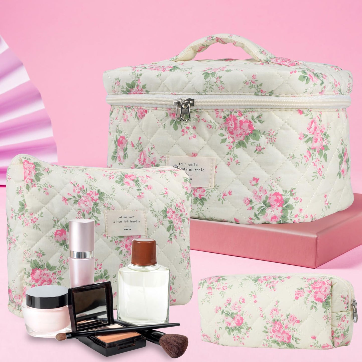 Cute Makeup Bag for Women(2 Pcs), Travel Cosmetic Bags, Quilted Coquette Aesthetic Floral Toiletry Organizer Bag (NavyBlue Flower)