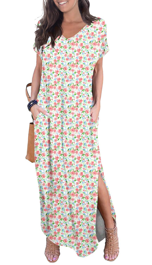 GRECERELLE Women's Casual Loose Pocket Long Dress Short Sleeve Split Maxi Dresses