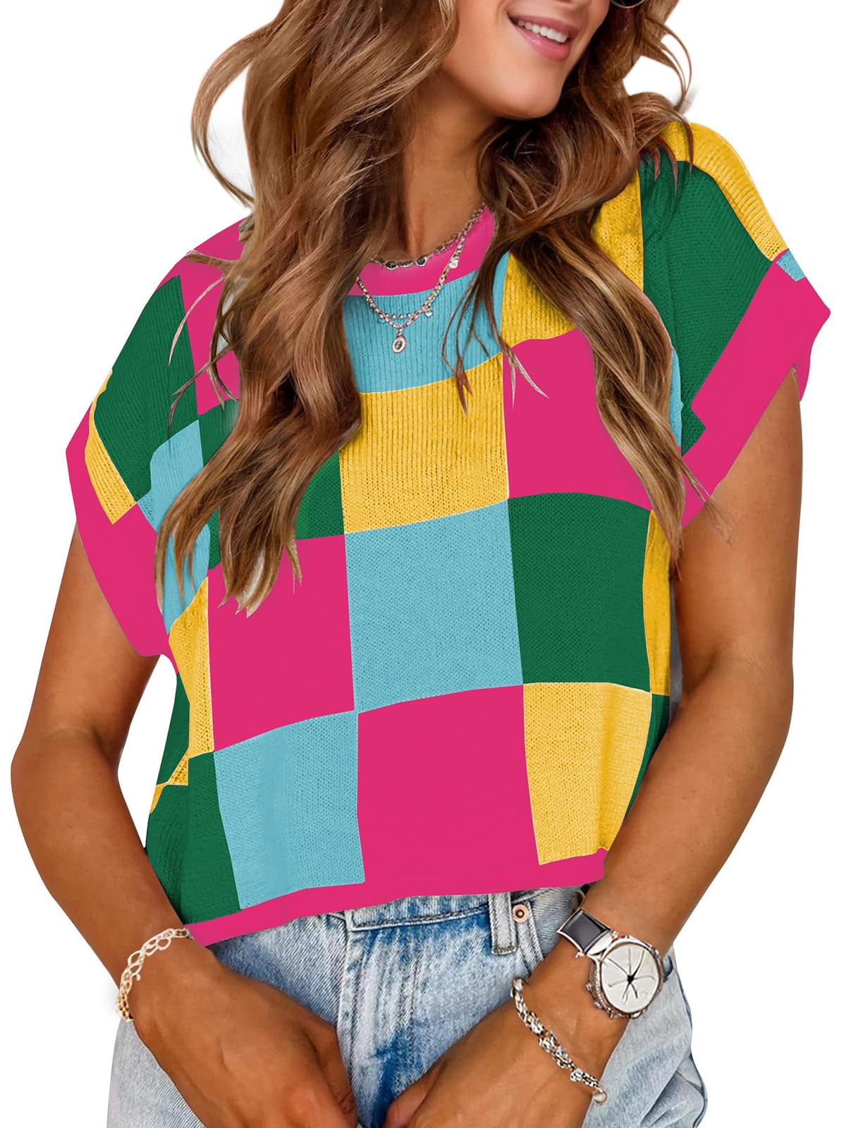 Womens Spring Crop Tops 2025 Cap Short Sleeve Sweater Vest Tank Loose Shirts Business Vacation Outfits Trendy Fall Summer Top