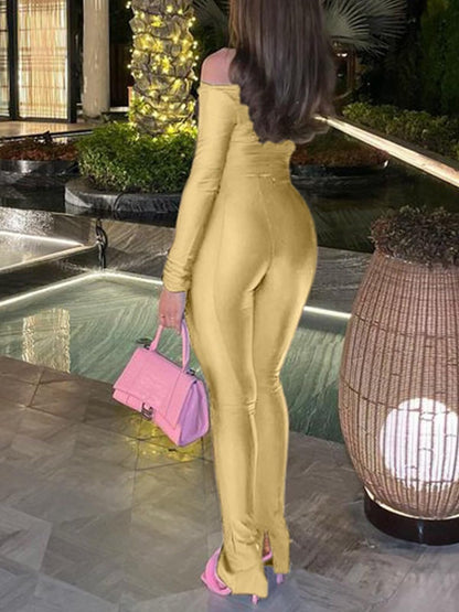 acelyn 2 Piece Outfits for Women Sexy Off Shoulder Tops Bodycon Flared Pant Sets Club Outfits Tracksuit