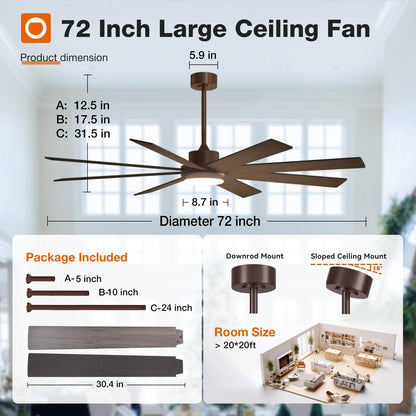 addlon 72 Inch Large Ceiling Fans with Lights, Black Ceiling Fan with Remote Control, Reversible, 5CCT, Dimmable, DC Motor, Modern Ceiling Fan for Living Room, Kitchen, Patio Indoor/Outdoor Use,