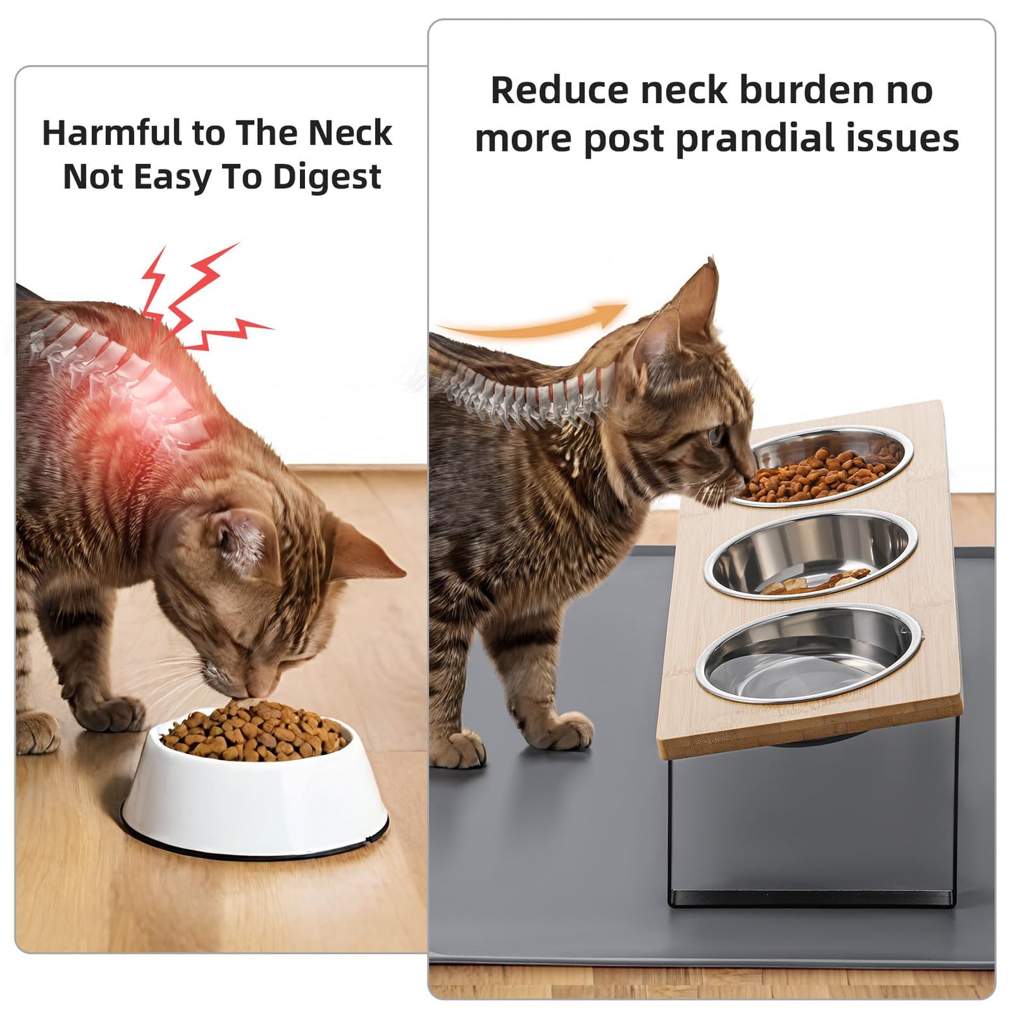 Upgraded Elevated Cat Bowls with Food Mat,15°Tilted Stand Anti Vomiting Raised Cat Dishes for Food and Water,2 Stainless Steel Bowls for Cats and Puppy