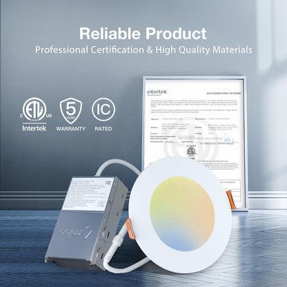Amico 6 Pack 6 Inch 5CCT Ultra-Thin LED Recessed Ceiling Light with Junction Box, 2700K/3000K/3500K/4000K/5000K Selectable, 12W Eqv 110W 1050LM Brightness Dimmable Canless Wafer Downlight, ETL & FCC