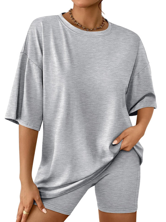 AUTOMET Womens 2 Piece Sets Summer Outfits 2025 Two Piece Lounge Set Matching Clothing Oversized Tshirts Biker Short Fashion