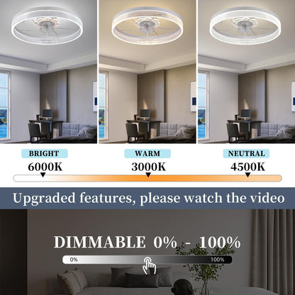 20‘’ Ceiling Fan with Light, Upgraded Low Profile Fan, Flush Mount Ceiling Fan, 6 Speeds, Dimmable LED, App & Remote Control, Quiet DC Motor, for Bedroom, Living Room, F115 White