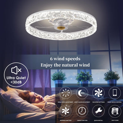 20‘’ Ceiling Fan with Light, Upgraded Low Profile Fan, Flush Mount Ceiling Fan, 6 Speeds, Dimmable LED, App & Remote Control, Quiet DC Motor, for Bedroom, Living Room, F115 White