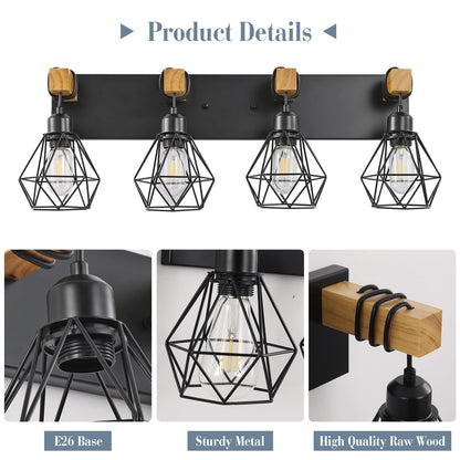 Farmhouse Vanity Light for Bathroom, 3-Light Wood Bathroom Vanity Light Fixtures Over Mirror, Rustic Sconces Wall Lighting with Metal Lampshade for Living Room, Bedroom, Hallway