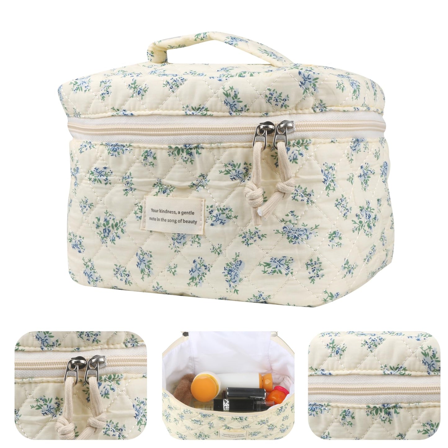 Cute Makeup Bag for Women(2 Pcs), Travel Cosmetic Bags, Quilted Coquette Aesthetic Floral Toiletry Organizer Bag (NavyBlue Flower)