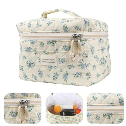 Cute Makeup Bag for Women(2 Pcs), Travel Cosmetic Bags, Quilted Coquette Aesthetic Floral Toiletry Organizer Bag (NavyBlue Flower)