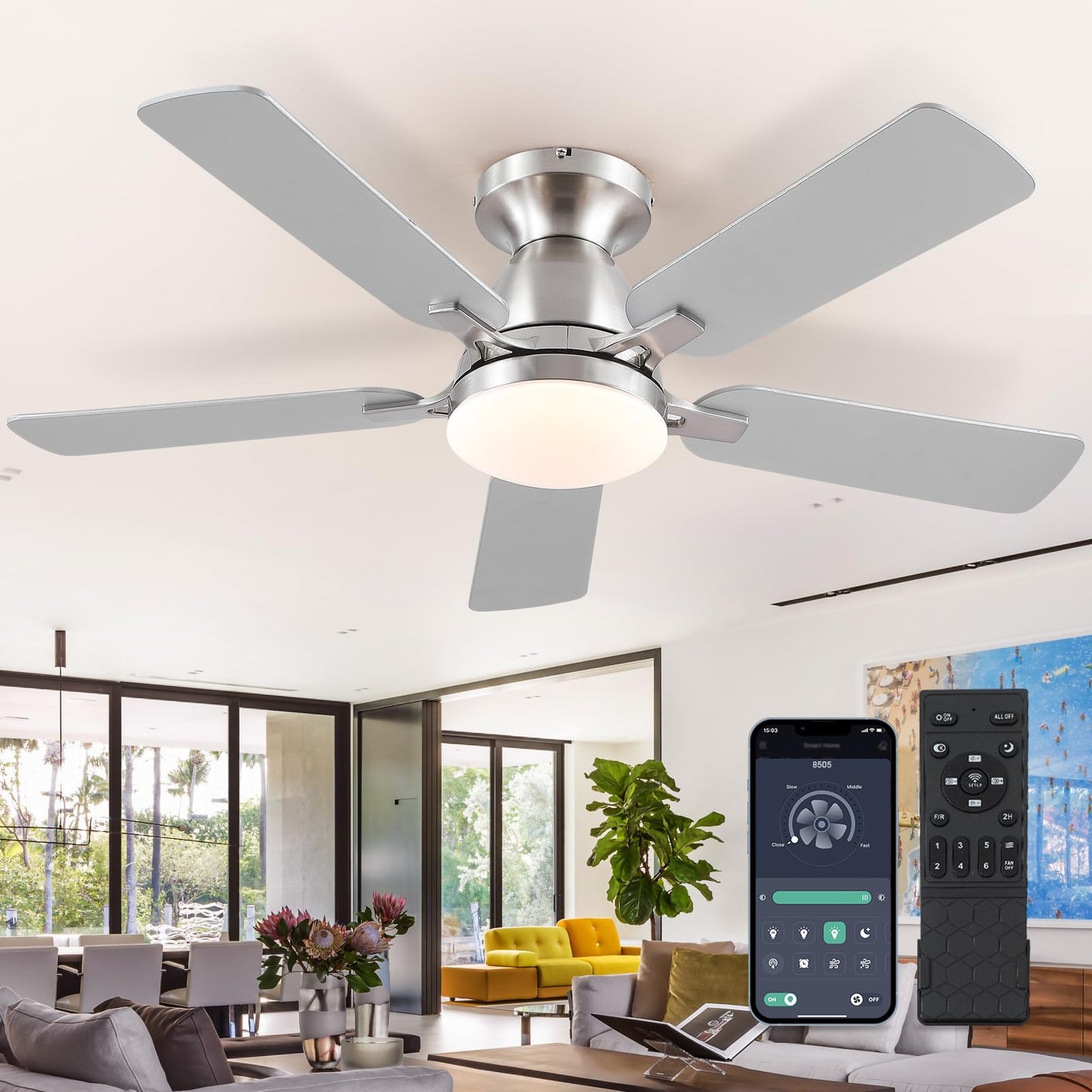 Ceiling Fans with Lights- 52" Low Profile Indoor Ceiling Fan with Light and Remote/APP Control, Flush Mount, LED Dimmable DC Reversible Modern Ceiling Fan for Bedroom（Black）
