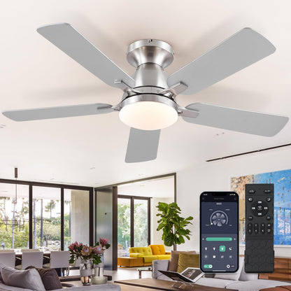 Ceiling Fans with Lights- 46" Low Profile Indoor Ceiling Fan with Light and Remote/APP Control, Flush Mount, LED Dimmable DC Reversible Modern Ceiling Fan for Bedroom（Black）