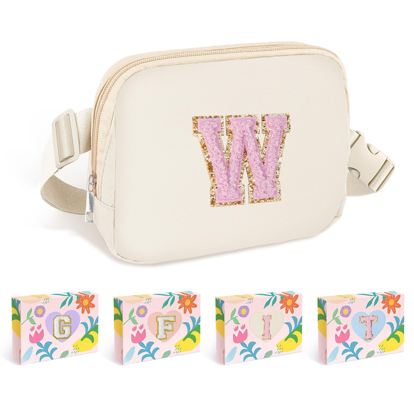 COSHAYSOO Pink Belt Bag Small Waist Fanny Pack Mini Crossbody Purse with Initial Preppy Letter Patch for Teen Girl Women Workout, Cross Body Chest Pouch Trending Birthday Gift Idea (S)