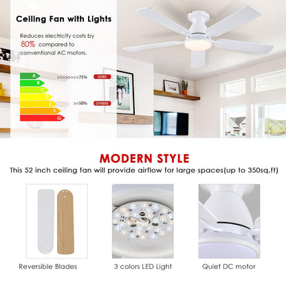 Ceiling Fans with Lights- 52" Low Profile Indoor Ceiling Fan with Light and Remote/APP Control, Flush Mount, LED Dimmable DC Reversible Modern Ceiling Fan for Bedroom（Black）