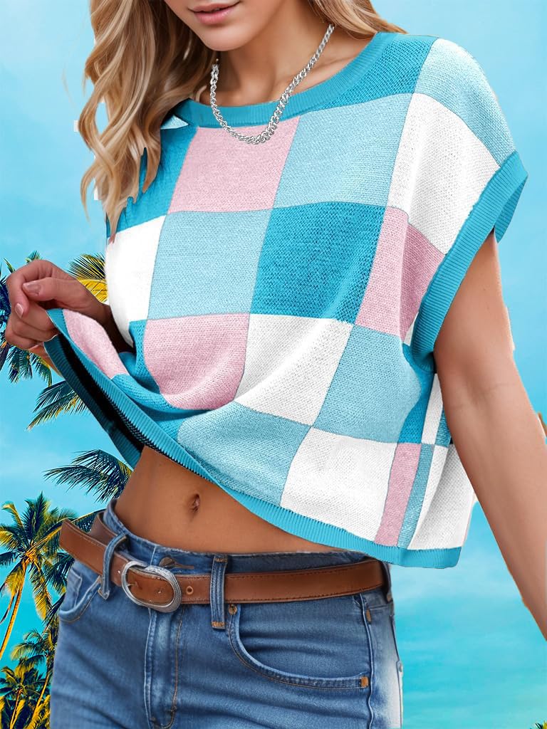 Womens Spring Crop Tops 2025 Cap Short Sleeve Sweater Vest Tank Loose Shirts Business Vacation Outfits Trendy Fall Summer Top