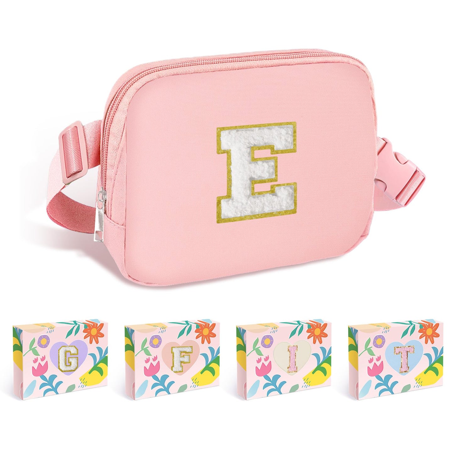 COSHAYSOO Pink Belt Bag Small Waist Fanny Pack Mini Crossbody Purse with Initial Preppy Letter Patch for Teen Girl Women Workout, Cross Body Chest Pouch Trending Birthday Gift Idea (S)