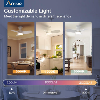 Amico Ceiling Fans with Lights, 42 inch Low Profile Ceiling Fan with Light and Remote Control, Flush Mount, Reversible, 3CCT, Dimmable, Noiseless, White Ceiling Fan for Bedroom, Indoor/Outdoor Use
