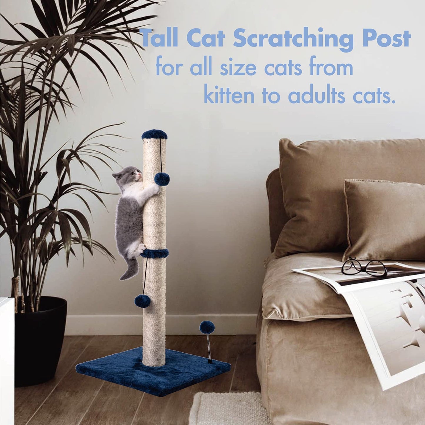 Cat Scratching Post Premium Basics Kitten Scratcher Sisal Scratch Posts with Hanging Ball 22in for Kittens or Smaller Cats (22 inches for Kitten, Beige)