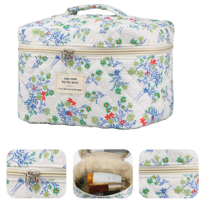 Cute Makeup Bag for Women(2 Pcs), Travel Cosmetic Bags, Quilted Coquette Aesthetic Floral Toiletry Organizer Bag (NavyBlue Flower)